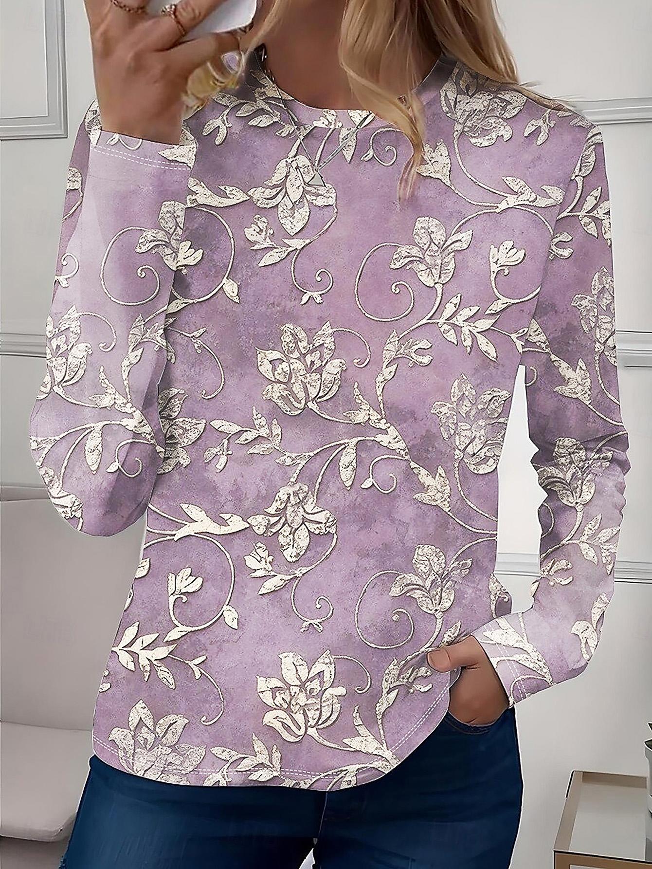 

Women s Long - Sleeve Round - Neck T - Shirt, Light Purple with Vintage Floral Print, Casual Retro & Daily Wear S