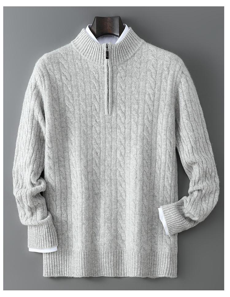 Men's Pure Wool Half-High Collar Cable Knit Zipper Sweater - Thick & Loose for Autumn/Winter