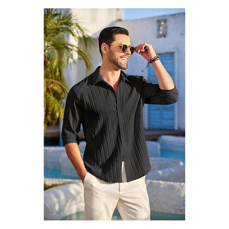 CB-COLEBROOK Men s Casual Button Down Shirts Long Sleeve Linen Shirt Fashion Textured Beach Summer Shirt (in, Alpha, M, L чёрный
