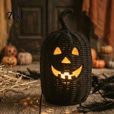 Autumn Table Decoration Halloween Resin Pumpkin Basket, Faux Woven Lantern Ornament, Spooky Gothic Home Decor Black Candy Jar for Tabletop Mantel