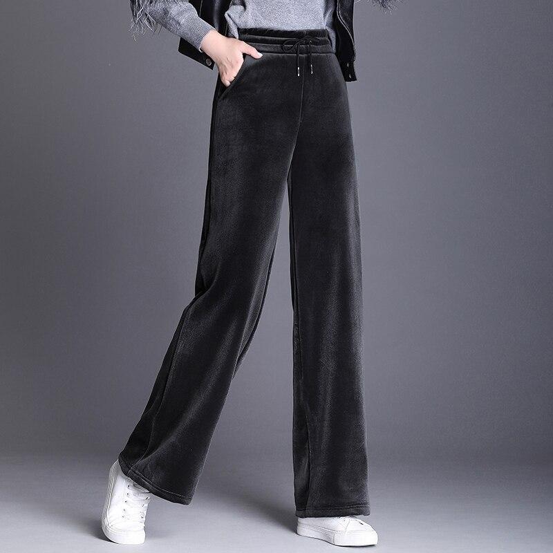 2021 Nové dámské oblečení Černá Vintage Solid Velvet Kalhoty s vysokým pasem dámské Retro volné sametové široké kalhoty