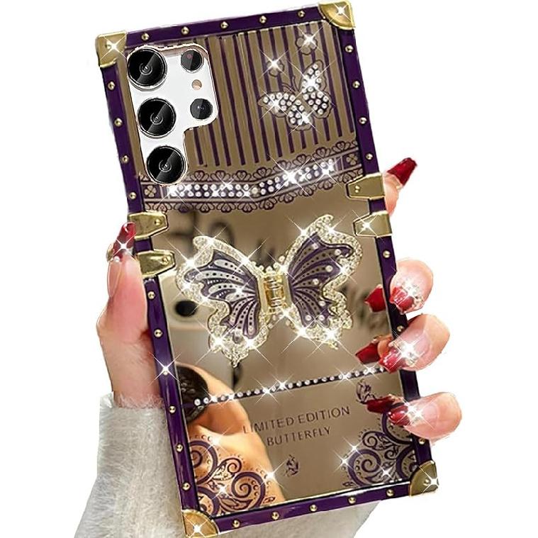 for Samsung Galaxy S25 Ultra Glitter Kickstand Case, Cute Luxury 3D Bling Sparkly Floral Diamond Butterfly with Ring Stand Elegant Shockproof Women