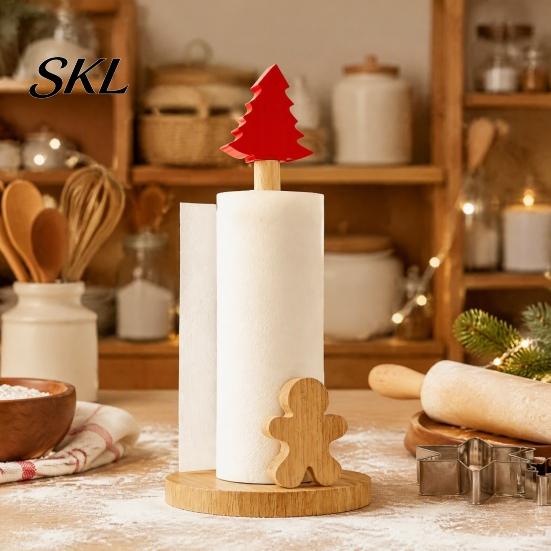 Handmade Wooden Holiday Gift Christmas Paper Towel Holder, Snowman And Tree Design, Rustic Decor for Dining Table Decorative Roll Holder Kitchen