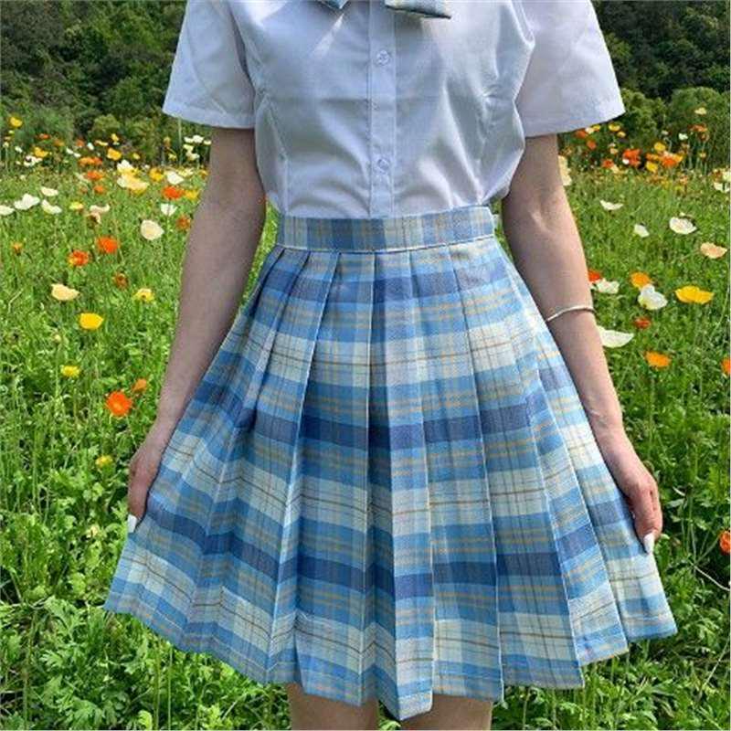 

Cedar Authentic Summer Japanese JK Plaid Uniform: Pleated Skirt & Shirt Set XS