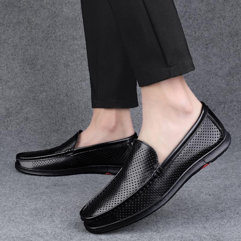 Hollow Out Leather Penny Loafers Men Moccasins 2025 Luxury Mens Casual Shoes Breathable Slip On Flats Male Driving Shoes