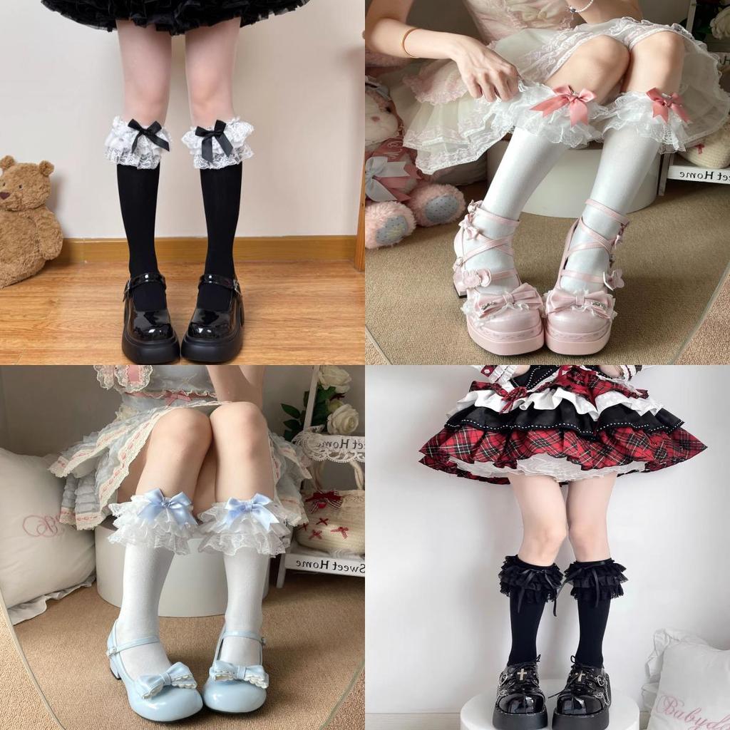 Calzini al ginocchio in cotone stile Lolita con fiocco nero per autunno, inverno, uso quotidiano