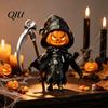 Spooky Pumpkin Collectibles Halloween Reaper Statue, Resin Hooded Ornament, Black Robe Figurine Cute Horror Room Decor with Sickle Desktop