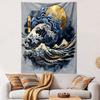 Golden Moon Over Ocean Waves Artwork Patterned Tapestry Decorative Wall Hanging, Home Bedroom Living Room Decor