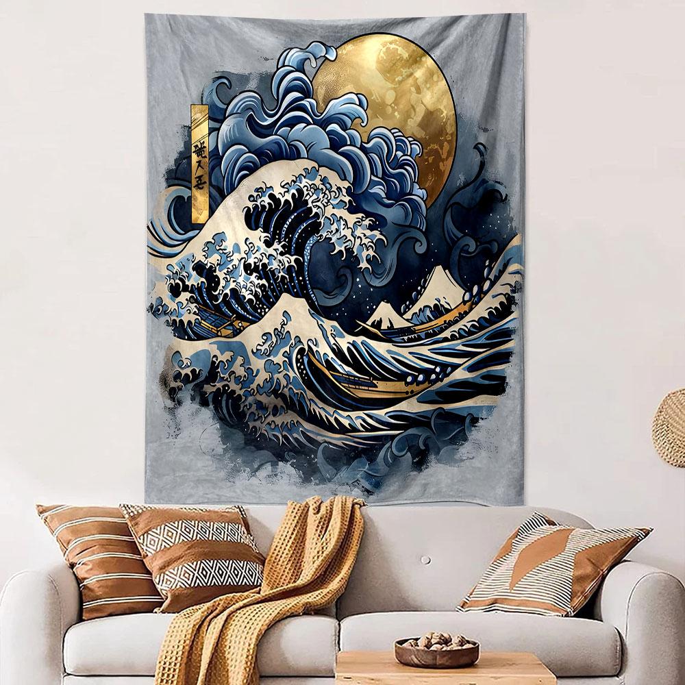 Golden Moon Over Ocean Waves Artwork Patterned Tapestry Decorative Wall Hanging, Home Bedroom Living Room Decor