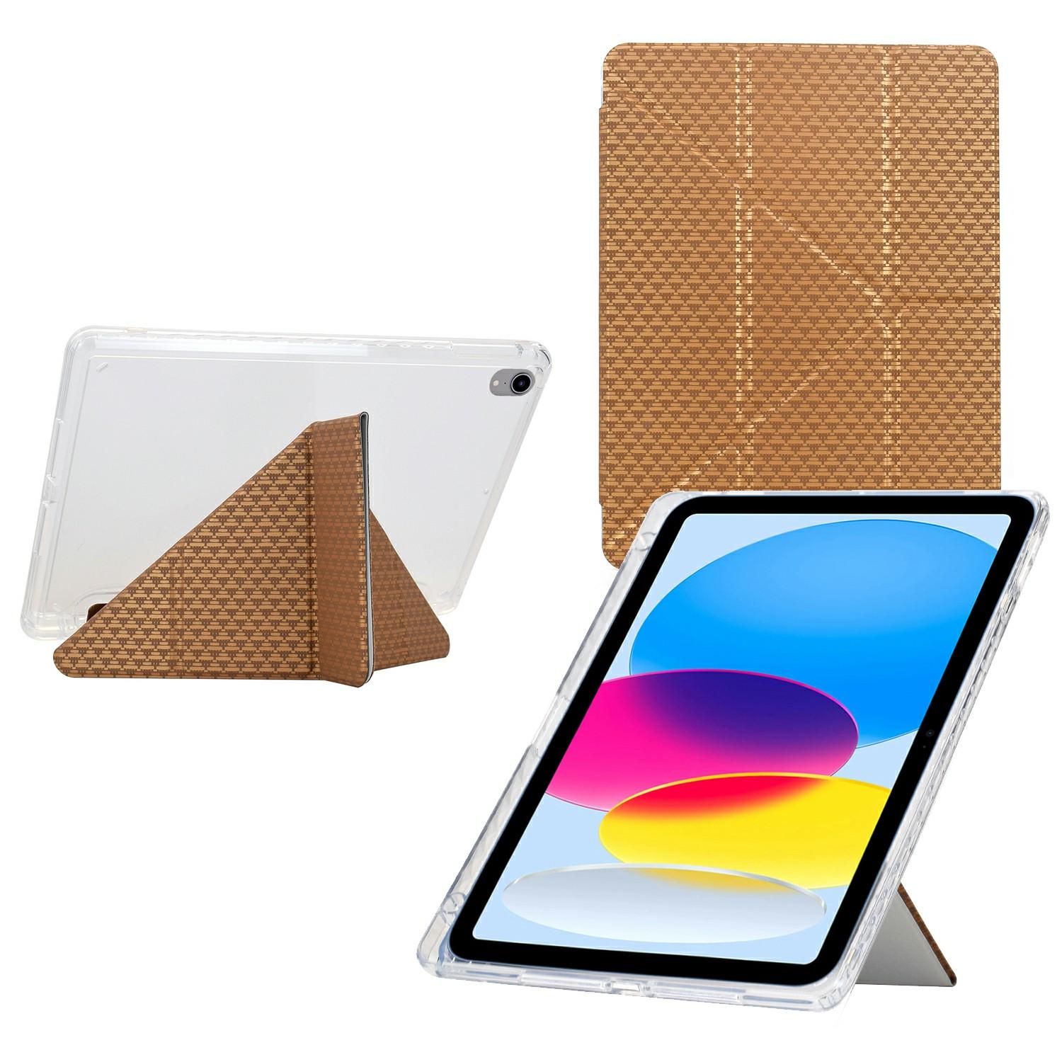 

For iPad (2025)/10.9 (2022) Case Y-Fold Stand Pyramid-Patterned Leather+Clear Acrylic Tablet Cover with Pencil Holder Gold