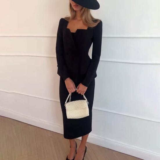 Set 2 Pezzi Cappotto da Donna Gonna Abito Scollo Quadrato Doppio Petto Tinta Unita Manica Lunga Top Gonna Slim Fit Ballo di Fine Anno Abbigliamento da Ufficio per il Lavoro