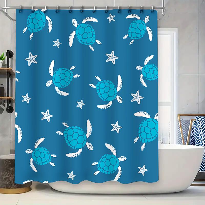 

Blue Sea Turtle Shower Curtain With White Stars Bath Rug Decor Waterproof Fabric For Home Bathroom Xl Size (208X195Cm) W60H190(CM)-1 Pcs