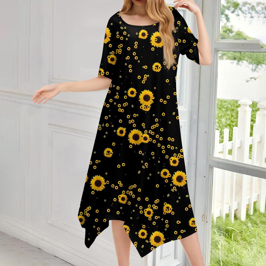 Damen Casual Mode Rundhals Kurzarm Druck Unregelmäßiger Saum Midi-Kleid