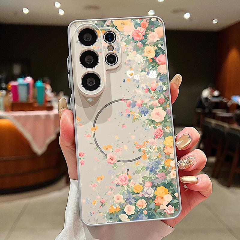 Magnetic For Magsafe Case For Samsung Galaxy S26 Ultra S25 Edge S24 Plus S23 FE S22 A54 A55 A56 5G Flower Garden Pattern Matte Cover