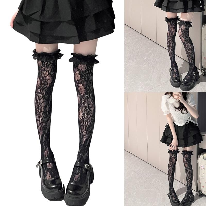 Japanese Style Fishnet Thigh Highs Stockings for Women JK Girl Flower Patterned Lace Ruffle Trim Frilly Over Knee Socks