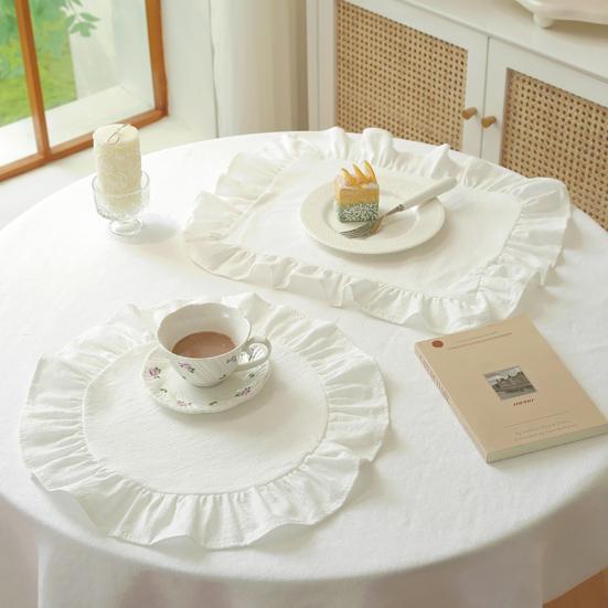 1/2Pcs Kitchen Placemat Square Round Washed Cotton Table Mats with Pleated Edges Heat Resistant Dining Home Kitchen Party Placemats