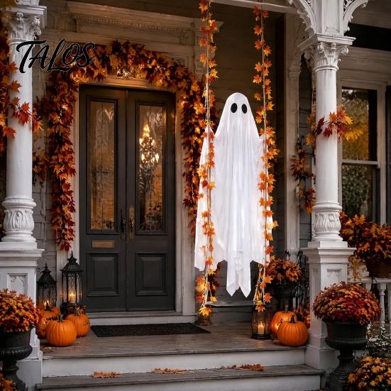 Creepy Hanging Figurines Light Up Swinging Ghost Halloween Decoration with Remote Control, Large White Spooky Outdoor Yard Decor Ornament Maple Leaves