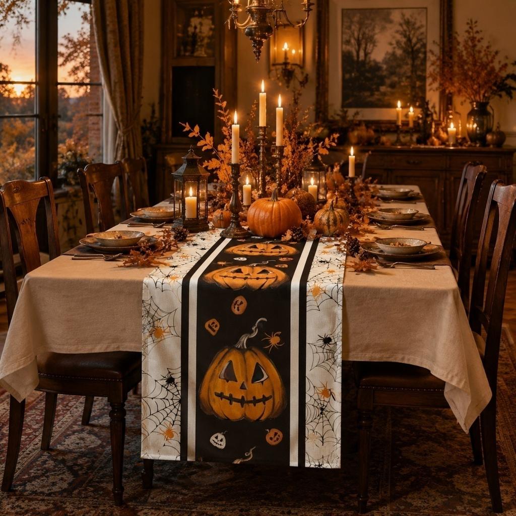 Halloween Pumpkin Design Table Runner Linen Material Spider Web Pattern Heat Resistant Non Slip Decorative Dining Table Cover for Holiday Atmosphere