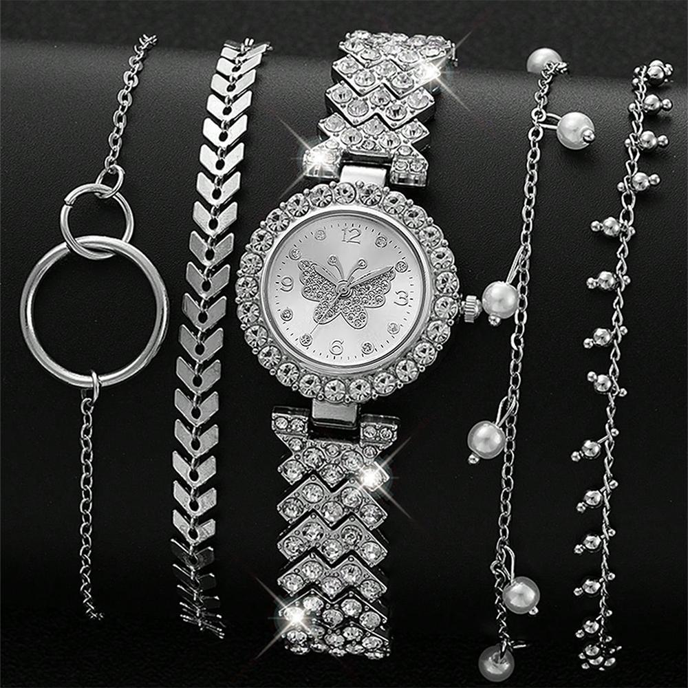 5PC Luxury Women Watch Set Fashion and Trendy With Rhinestone Butterfly Element Dial Quartz Watch Bracelet Set Perfect Gift