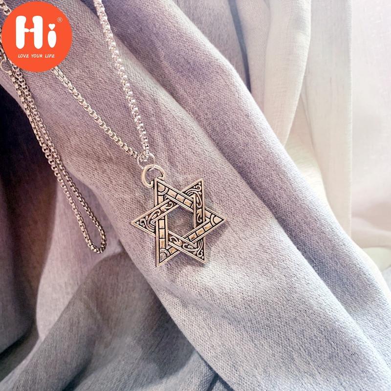 Hi Six-pointed Star of David Pendant Necklace Double-sided Retro Titanium Steel Punk Jewelry for Men Boys