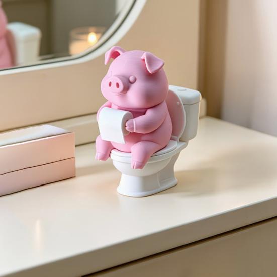 Lichtbeständige 3D-Druck niedliche Schweinefigur auf der Toilette, Lustige Badezimmer-Schreibtisch-Dekoration mit papier Stoßfeste Statue Rolle, Humorvolle Skulptur für