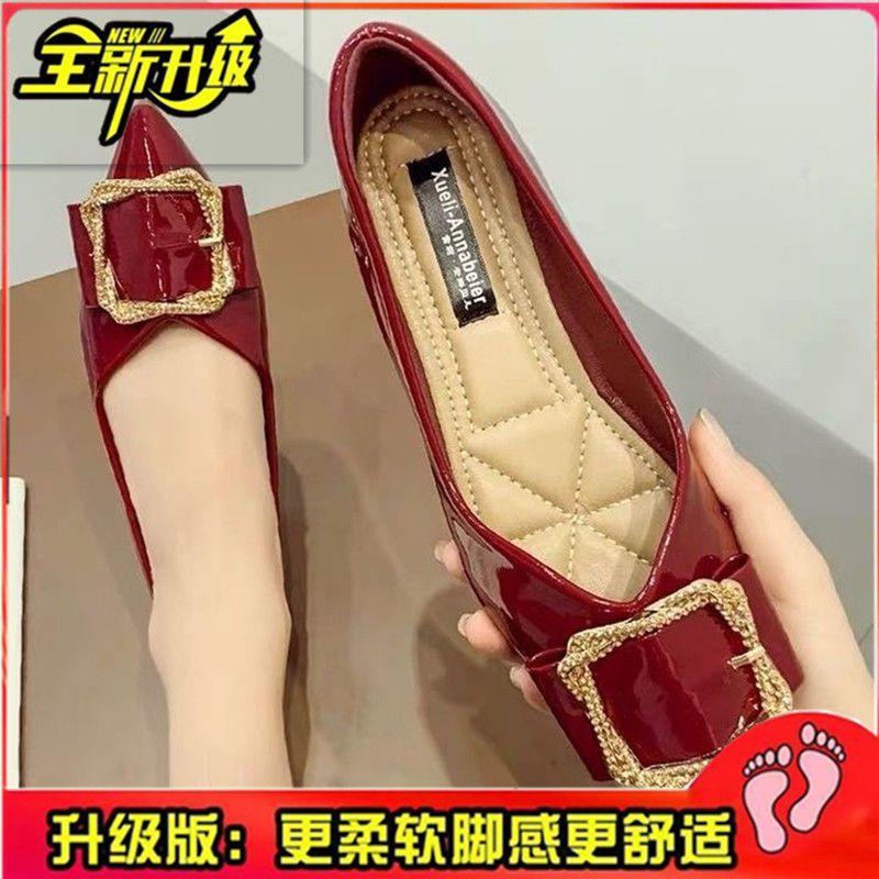 

Soft leather non-grinding feet pointed single shoes flat-soled autumn new red light mouth boat shoes soft-soled shoes 40