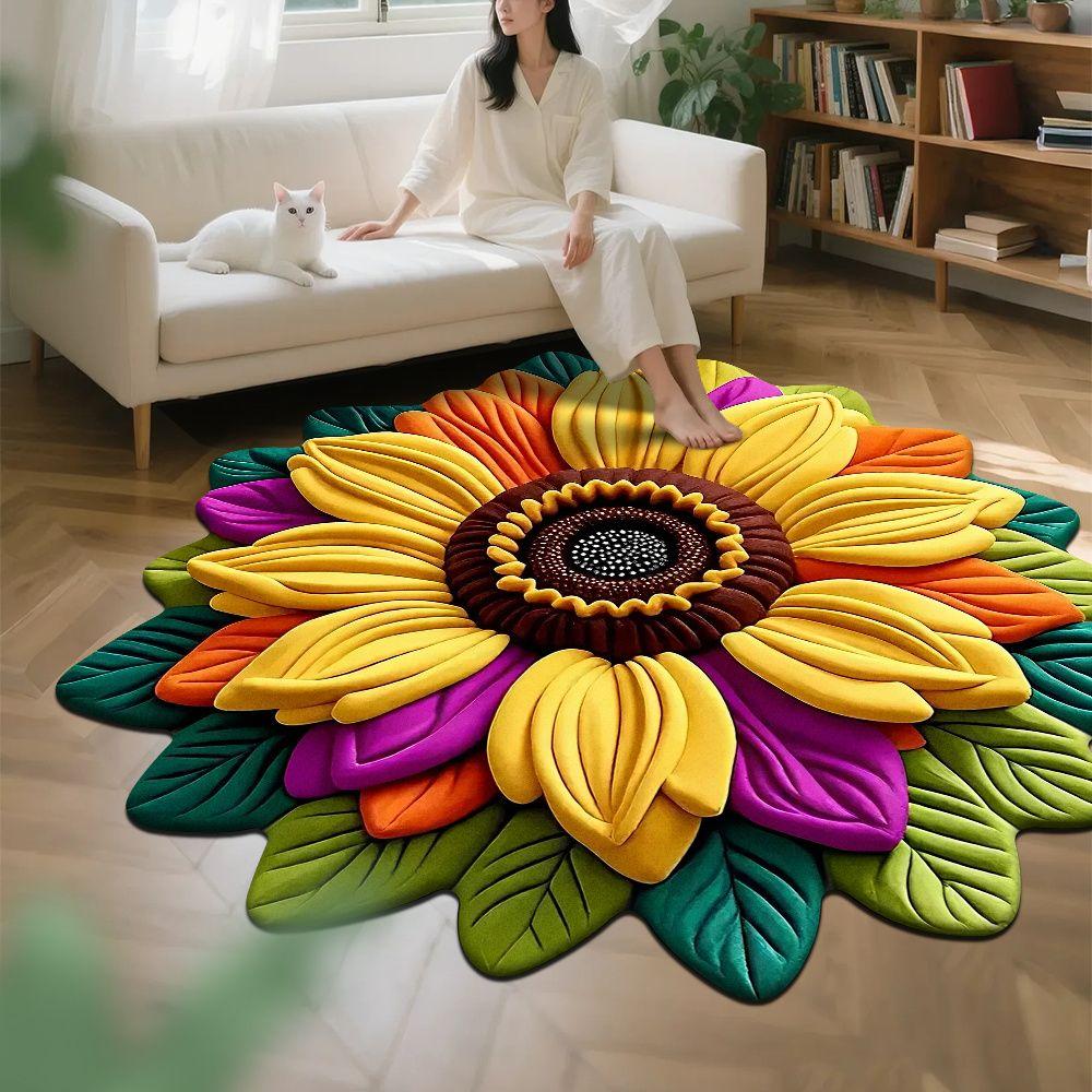 Living Room 3D Floor Mat Flower Carpet Circular Home Peony Flower Petal Shaped Living Room Bedside Mat