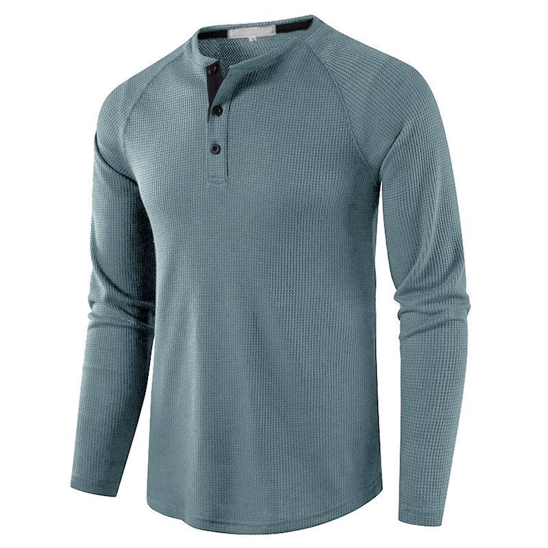 European and American Style Men’s Solid Waffle Henley Shirt Long Sleeve T-shirt Buttoned Round Neck Top