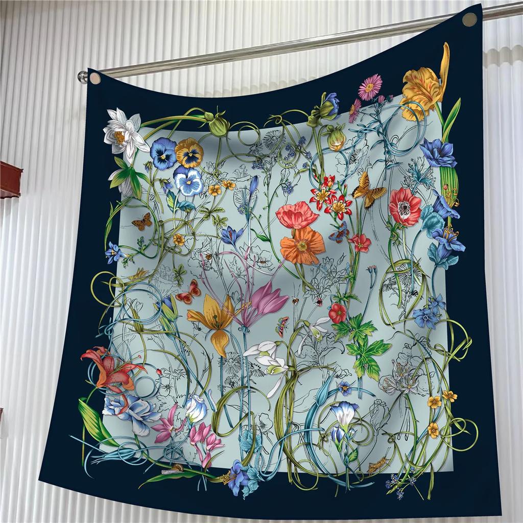 90Cm Modern Fashion Twill Silk Tulip Plant Flower Ladies Sunscreen Shawl Large Square Scarf Scarf Silk Scarf