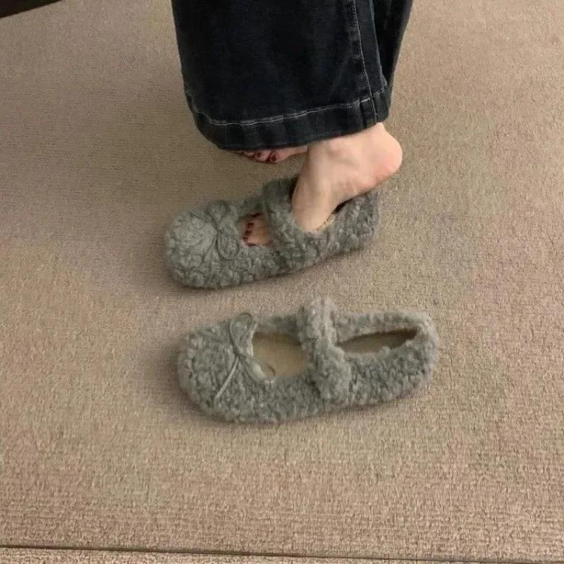 Elegant Autumn Winter Ballet Loafer Flat Shoes Women Female Flats Loafers Fur Round Toe Ladies Brand Design Teddy Outdoor Shoes