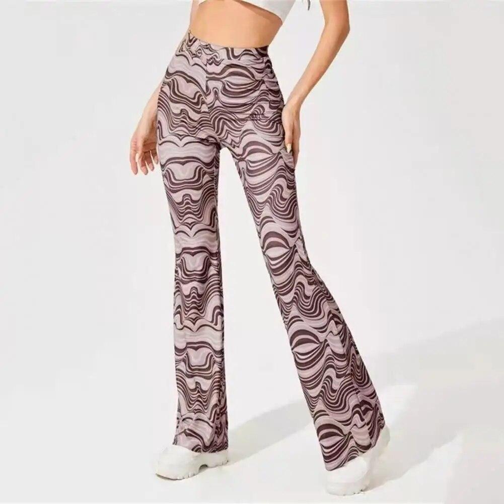 Women Flared Trousers Contrast Color Water Wave Print High Waist Spring Yoga Pants Slim Fit Elastic Waist Bell-bottomed Pants
