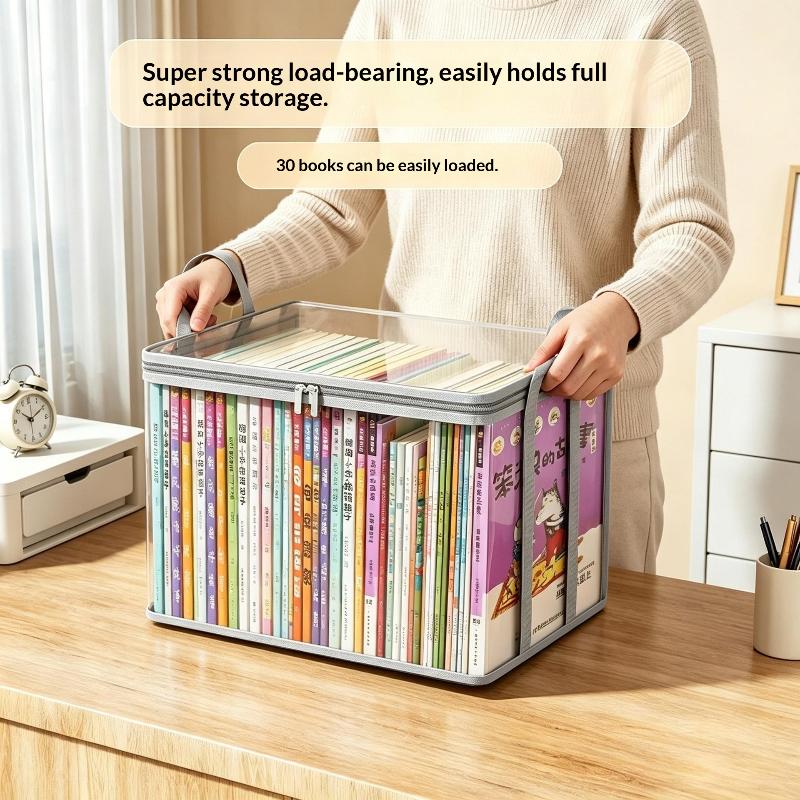 Transparent Book Storage Box with Handle Waterproof Dustproof Thickened Plastic Organizer Bins for Bedroom Book Storage