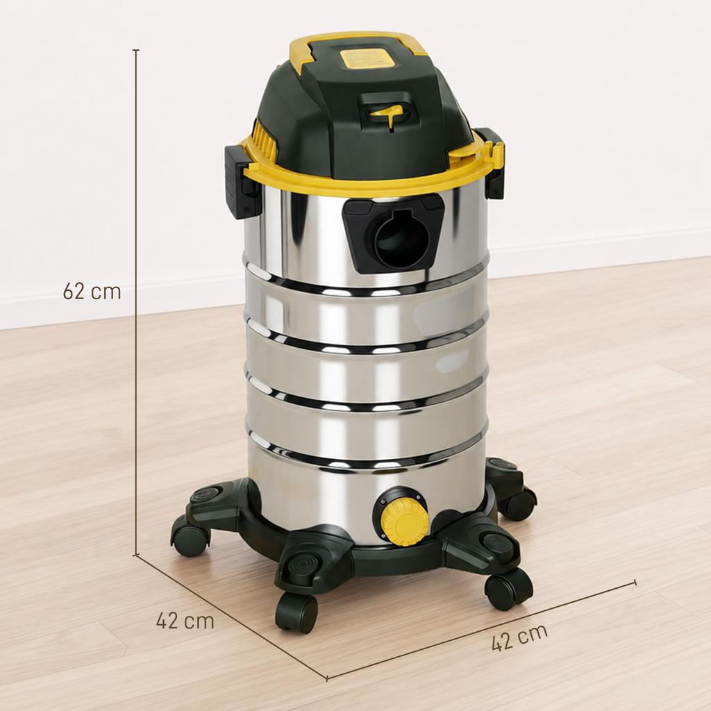 1400W Vacuum Cleaner, 3-in-1 Wet and Dry Vacuum Cleaner with Blowing Mode and 30L Stainless Steel Tank, Silver Tone