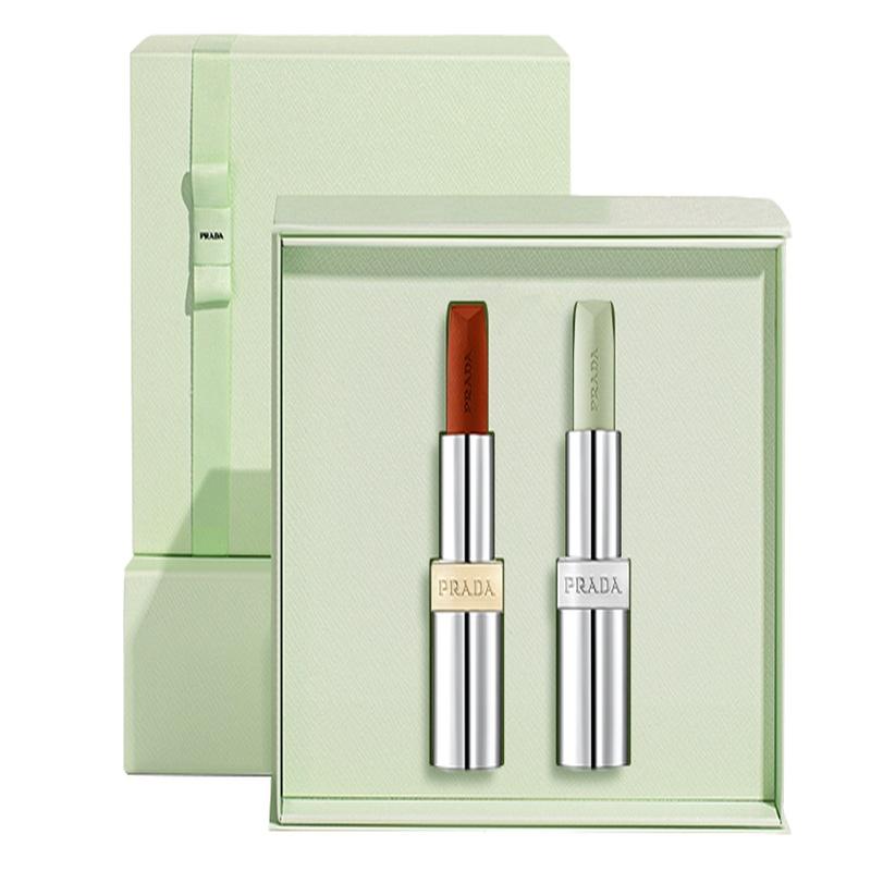 Prada Double lipstick limited gift box lipstick set, easy to color, natural and long-lasting 077 Modern Orange + U000 Lip Balm