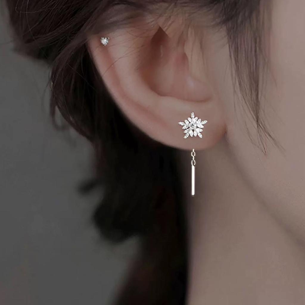 S999 Pure Silver Snowflake Tassel Hoop Earrings, Ear-Friendly, Lightweight Luxury, Versatile Slimming for Round Face, New Arrival Women's Earrings