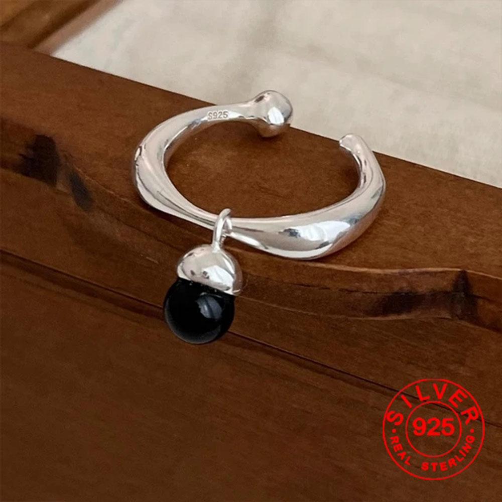 

BFClub Silver Color Ring For Women Jewelry Black Parl Simple Open Vintage Handmade Ring Allergy For Party Birthday Gift