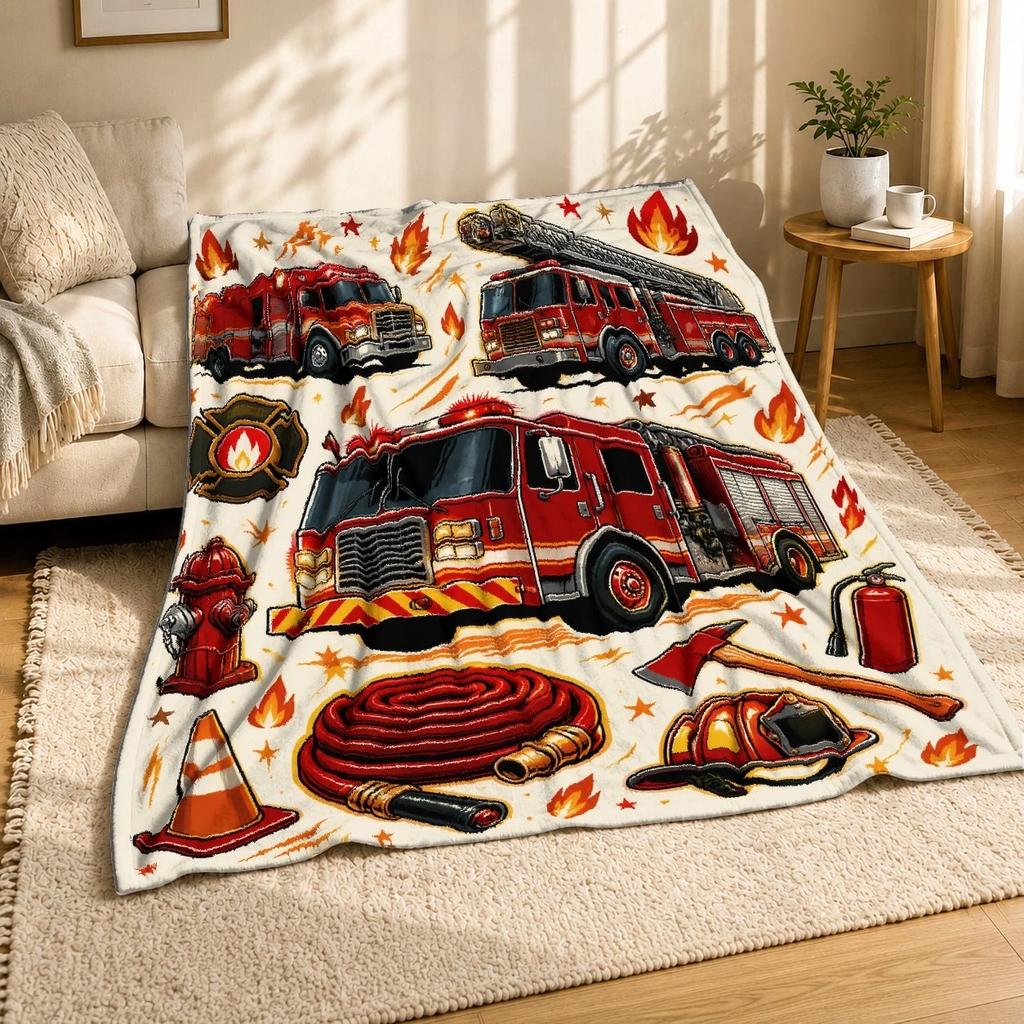 Fire Truck Firefighter Coral Fleece Blanket Kids Hero Decor
