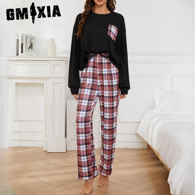 

GMXIA Пижама женская весенне-осенняя тонкая секция с длинным рукавом, клетчатые брюки с принтом, костюм для дома XL красный/чёрный