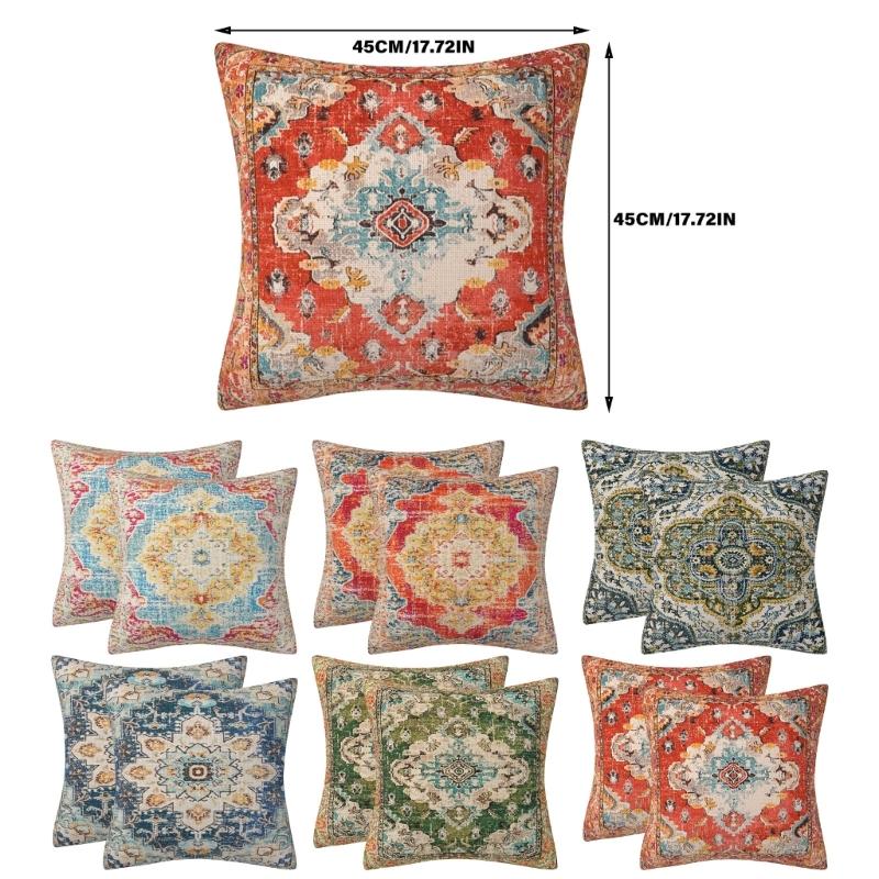 Set Of 2 Bohemian  Pattern Throw Pillow Case 18x18inch Soft Pillowcover for Indoor and Outdoor Use