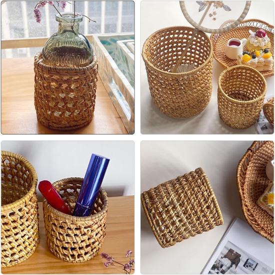 Amosfun Rattan Pencil Holder Woven Wicker Makeup Brushes Organizer Cup Home Office Vine Desk Organizer Storage 3 X 3 X 3 Inch