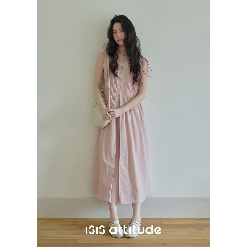 Gentle peach powder heavy industry pleated tencel vest skirt women s medium and long sleeveless dress S