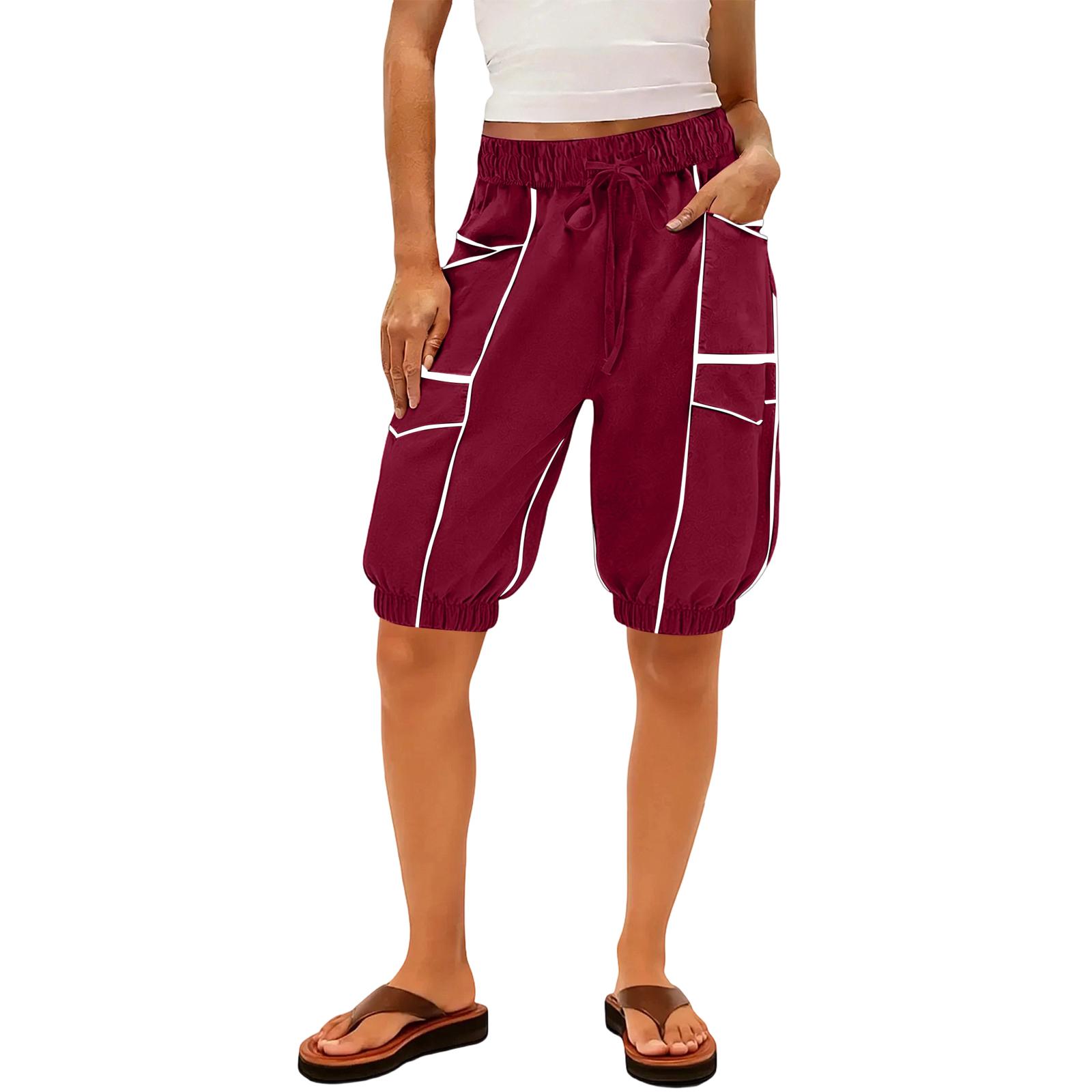 

Women s sanitary pants, leg binding pants, high waisted patchwork pockets, casual five quarter pants XXL винний