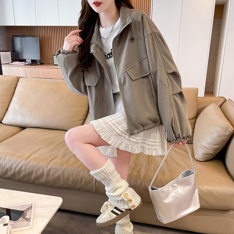 2026 spring and autumn new Korean fashion loose stand-up collar hem drawstring jacket women's outdoor tooling casual jacket tide