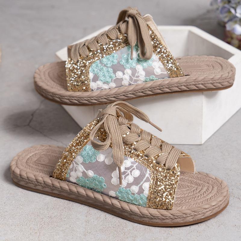 Outdoors Non-slip  Summer Open Toe Flat with Slippers Sweet Mesh Lady Casual Comfortable Lace-Up Women's Slippers Large Size