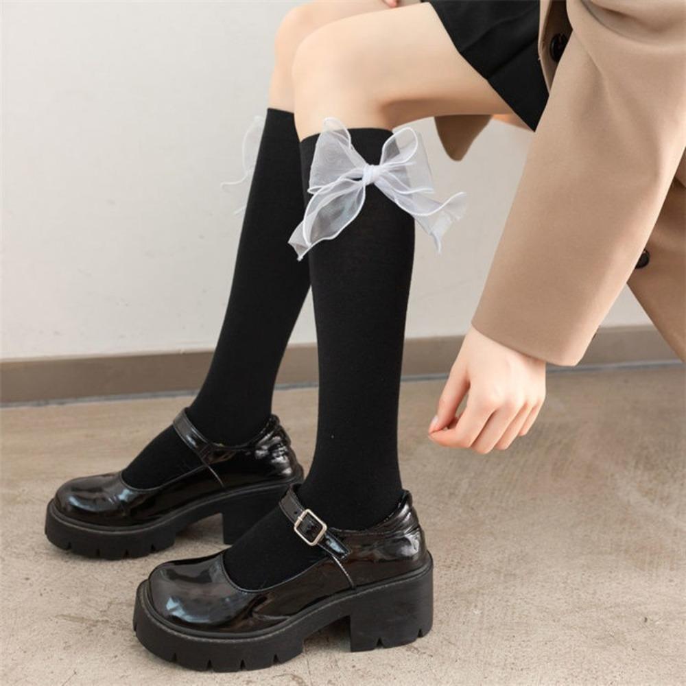 Schleife Röhrensocken Damen Frühling und Herbst Schwarz und Weiß JK Lolita Wadenstrümpfe Japanische Mädchen College-Stil Kniestrümpfe