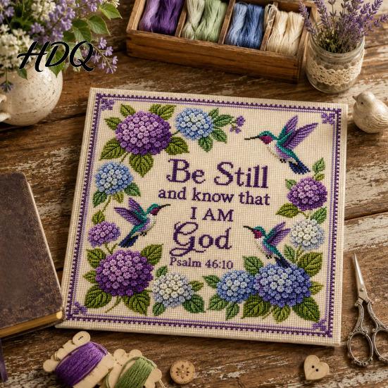 Stamped Cross Stitch Fabric Hummingbird Hydrangea Embroidery Kit Garden Faith DIY Kit Easy for Beginners with Psalm Fabric Beginner Hand Craft