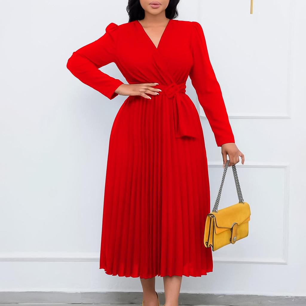 D419 Women's V-Neck Long-Sleeve Tie-Up Solid Color Slim Pleated Plus-Size Dress