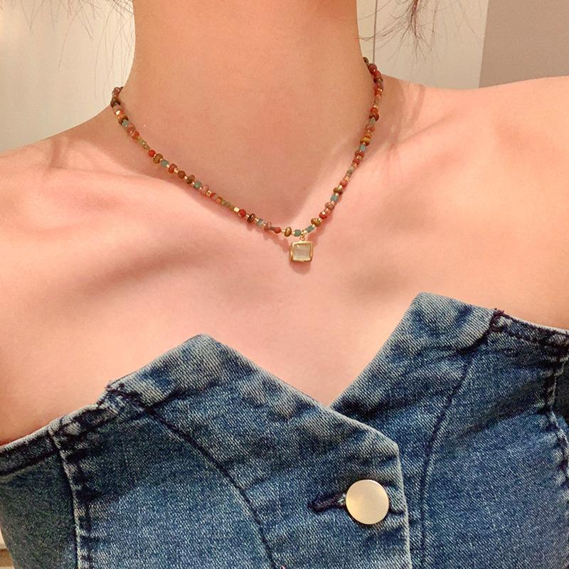Color beaded opal pendant necklace women's new Chinese light luxury collarbone chain retro match