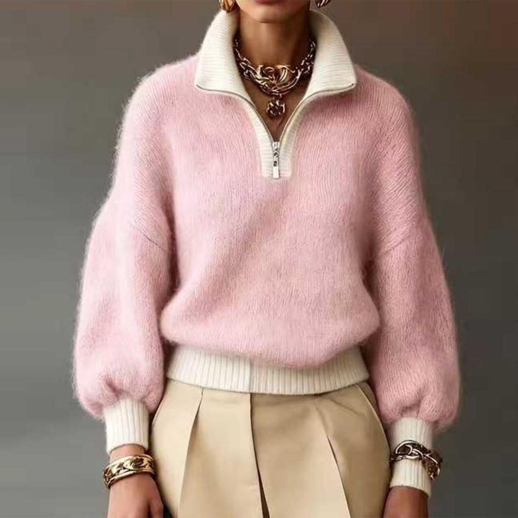 Women's Color Block Half-Zip Turtleneck Knit Sweater Top for Casual Wear