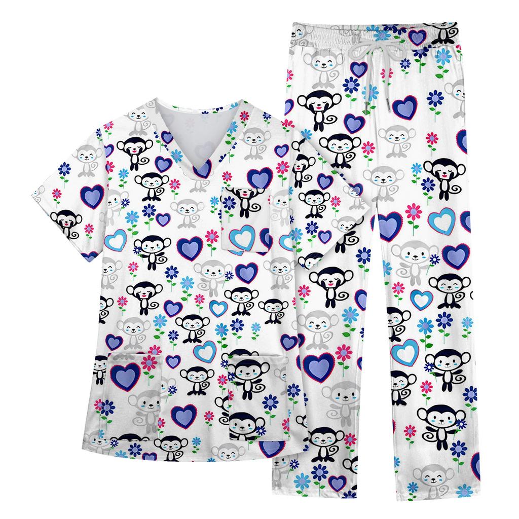 Women's Short Sleeve V Neck Animal Print Chest Pocket Work Top Elastic Waist Pants Two Piece Work Set